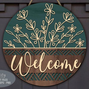 Floral Door Hanger SVG Laser Cut Files; a Daisy Basket Welcome Sign SVG with a bouquet of daisies in a basket for your Glowforge, Xtool and other laser machines.
