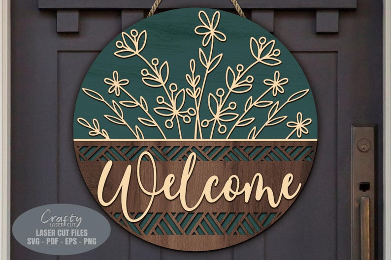 Floral Door Hanger SVG Laser Cut Files; a Daisy Basket Welcome Sign SVG with a bouquet of daisies in a basket for your Glowforge, Xtool and other laser machines.