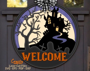Halloween Door Hanger SVG Laser Cut Files: Haunted Mansion House Welcome Sign SVG