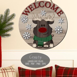Reindeer Welcome Sign SVG Laser Cut Files: Christmas Door Hanger SVG ...