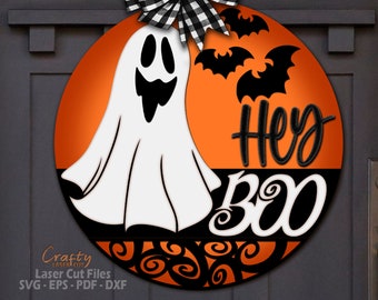 Ghost Door Hanger SVG Laser Cut Files: Halloween Welcome Sign SVG, Glowforge