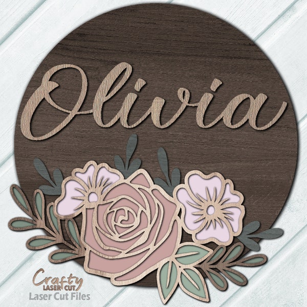 Floral Door Hanger SVG - Laser Cut Files - Rose SVG - Baby Name Sign - Nursery Decor - Rose Door Sign - June Birth Flower - Glowforge Files