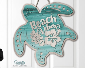 Turtle Door Hanger SVG - Laser Cut Files - Beach SVG - Turtle SVG - Hibiscus Svg - Hawaii Svg - Beach Door Sign - Glowforge Files