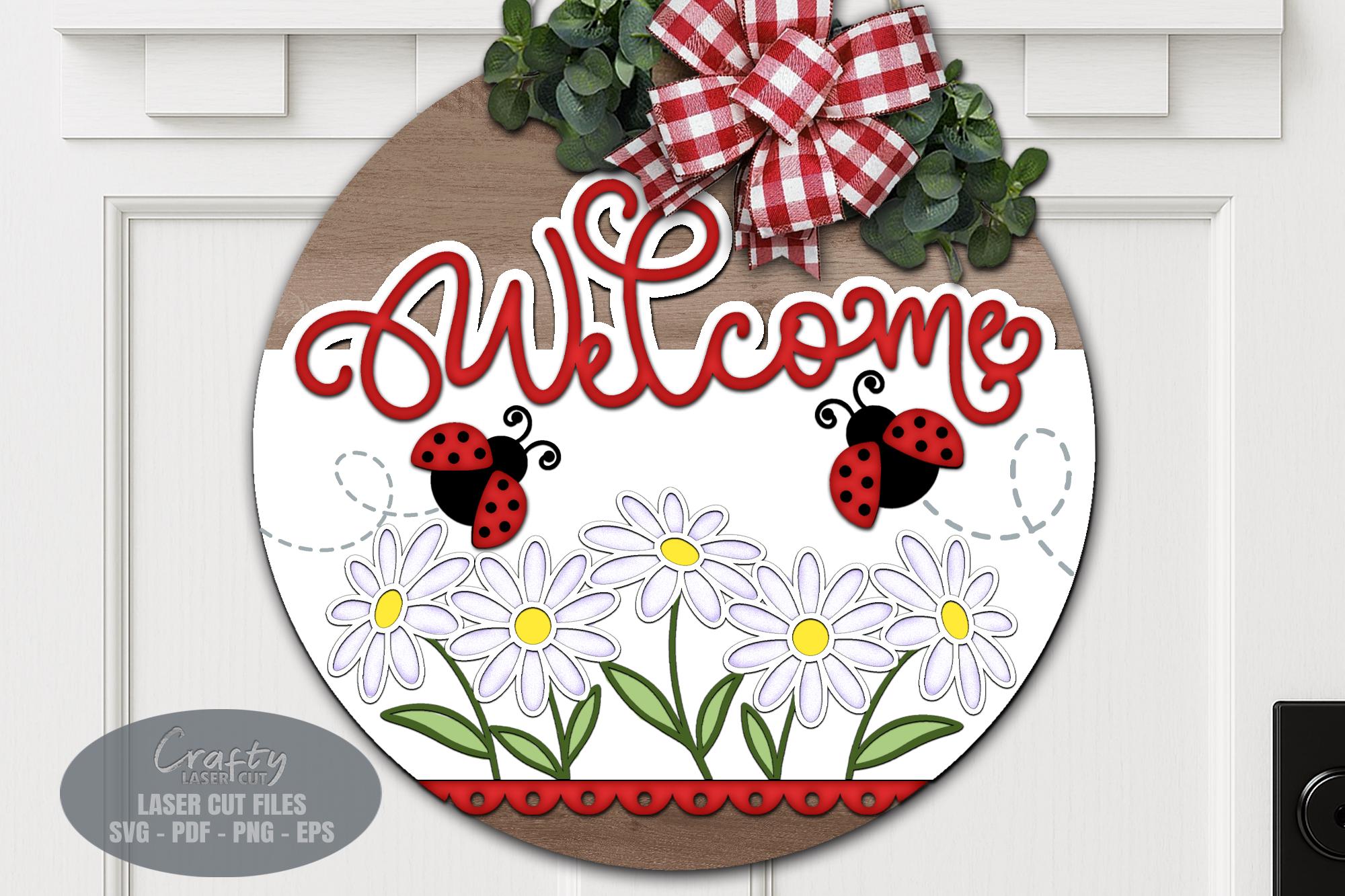 Summer Door Hanger SVG Laser Cut Files, Ladybug Daisy Welcome Sign SVG ...