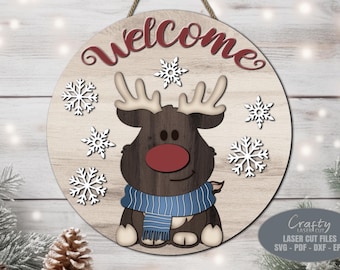 Reindeer Welcome Sign SVG Laser Cut Files: Christmas Door Hanger SVG, Glowforge