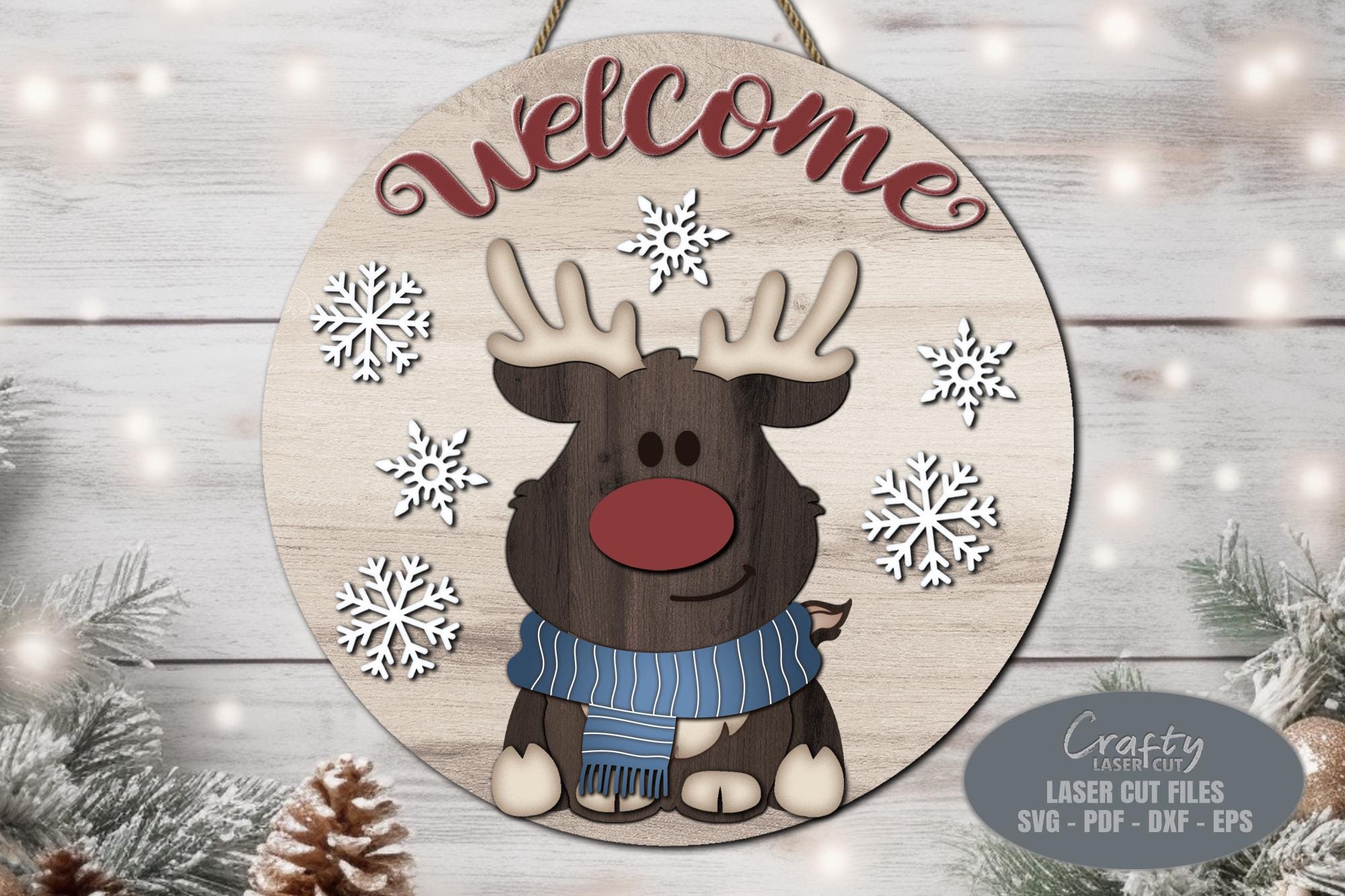 Reindeer Welcome Sign SVG Laser Cut Files: Christmas Door Hanger SVG ...