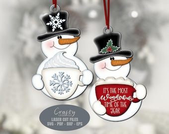 Snowman Christmas Ornament SVG Laser Cut Files: Hot Cocoa, Mug Ornaments SVG