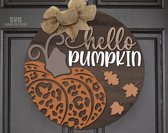 Leopard Print Pumpkin Door Hanger SVG Laser Cut Files: Fall Welcome Sign SVG, Glowforge