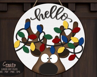 Archivos SVG de corte láser para colgador de puerta de reno: Letrero de bienvenida navideño SVG, Glowforge