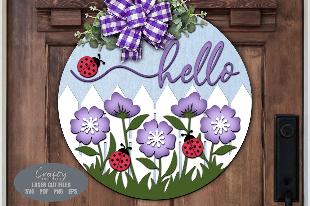Hello Ladybug Floral Door Hanger SVG - Welcome Sign Svg - Laser Cut ...