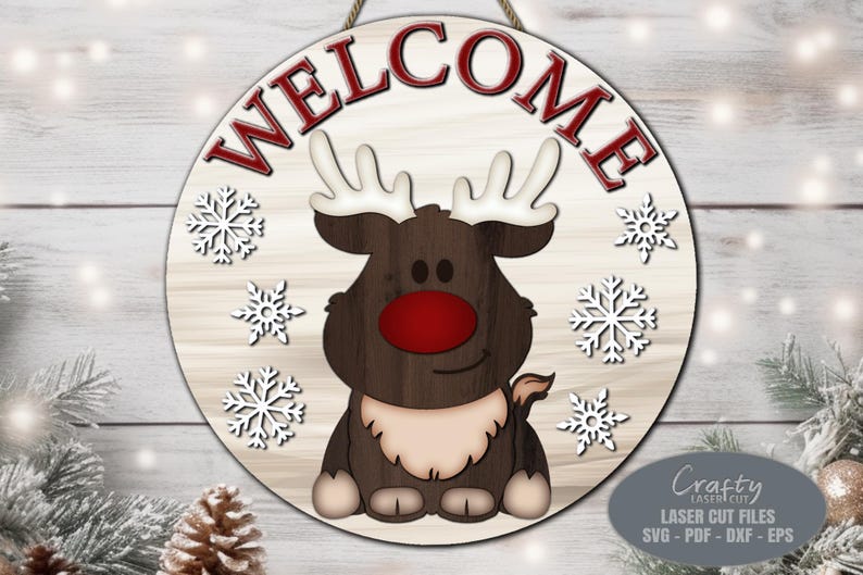 Christmas Door Hanger SVG Laser Cut Files: Reindeer Welcome Sign SVG ...