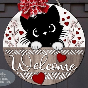 Accroche-porte Saint-Valentin SVG - chat SVG - panneau de bienvenue floral SVG - fichiers découpés au laser - coeurs - panier - chaton Svg - panneau de porte chat - Glowforge