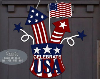 Patriotic Fireworks Door Hanger SVG - 4th Of July Welcome Sign SVG - Laser Cut Files - USA Door Sign Svg - Patriotic Porch Sign - Glowforge