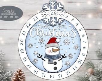 Snowman Christmas Countdown SVG Laser Cut Files: Days Until Christmas, Glowforge