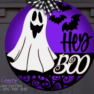 Ghost Door Hanger SVG - Halloween SVG - Laser Cut Files - Hey Boo SVG - Ghost Svg - Welcome Sign Svg - Halloween Door Sign - Glowforge Files