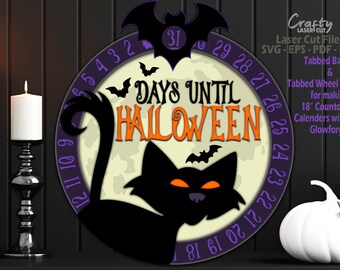ハロウィンカウントダウンサイン SVG レーザーカットファイル: 黒猫とコウモリ SVG、Glowforge