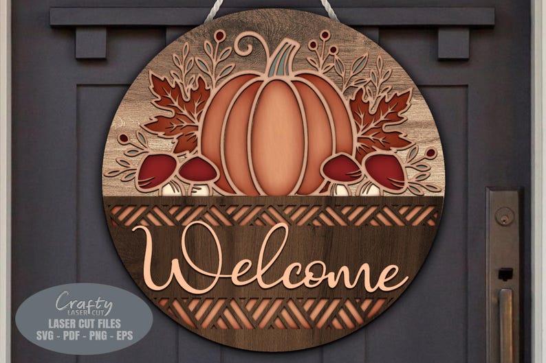 Pumkin door hanger SVG laser cut files; a fall welcome sign svg with mushroom and floral bouquet for Glowforge and XTool laser machines.