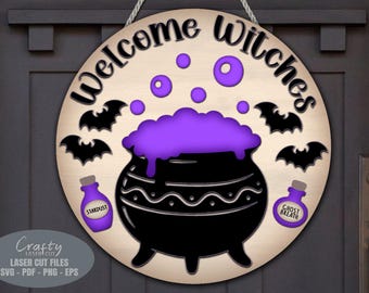 Witch Door Hanger SVG Laser Cut Files: Cauldron Halloween Welcome Sign SVG