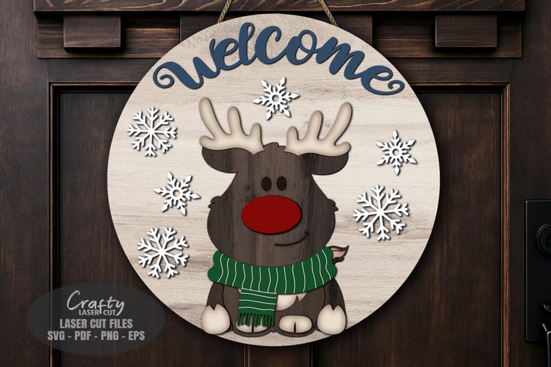 Reindeer Welcome Sign SVG Laser Cut Files: Christmas Door Hanger SVG ...