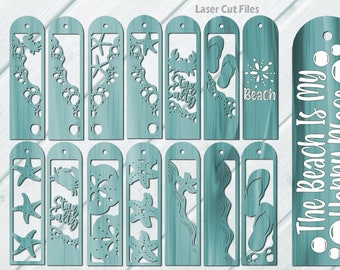 May include: Set of 12 teal blue laser cut bookmark designs featuring beach and ocean themes. Designs include starfish, seashells, flip flops, crabs, waves, and the text "Stay Salty" and "The Beach is My Happy Place".