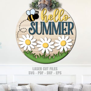 Summer Door Hanger SVG Laser Cut Files: Daisy Bee Welcome Sign SVG ...