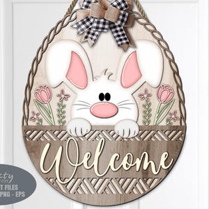 Appendino per porta di Pasqua SVG - Coniglietto pasquale - Cartello di benvenuto SVG - File tagliati al laser - Cestino di Pasqua - Tulipano - Margherita - Cartello di Pasqua floreale - Glowforge