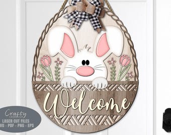 Easter Bunny Door Hanger SVG Laser Cut Files, Welcome Sign SVG, Easter Door Sign, Floral Egg Basket SVG, Glowforge Files