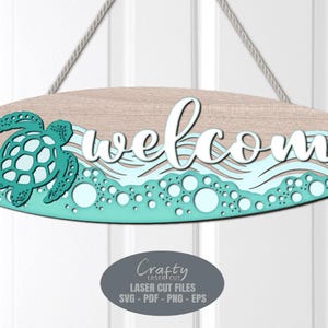Accroche-porte de plage SVG - tortue de mer SVG - panneau de bienvenue de planche de surf SVG - fichiers découpés au laser - panneau de porte tortue - panneau de porche de plage - fichier Glowforge