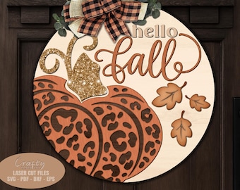 Leopard Print Pumpkin Door Hanger SVG Laser Cut Files: Hello Fall Welcome Sign SVG