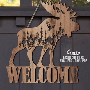 File SVG per appendino porta alce tagliati al laser - SVG alce - SVG foresta - Aquila - Cartello di benvenuto SVG - Cartello porta alce - Decorazione cabina - File Glowforge
