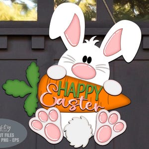 Colgador de puerta de Pascua SVG - Letrero de bienvenida de Pascua SVG - Archivos cortados con láser - Conejito de Pascua Svg - Pascua Svg - Letrero de puerta de Pascua - Archivo Glowforge