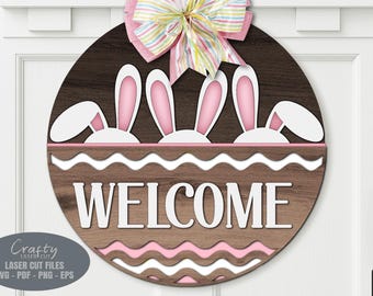 Colgador de puerta con orejas de conejo SVG, archivos cortados con láser, letrero de bienvenida de Pascua SVG, Glowforge