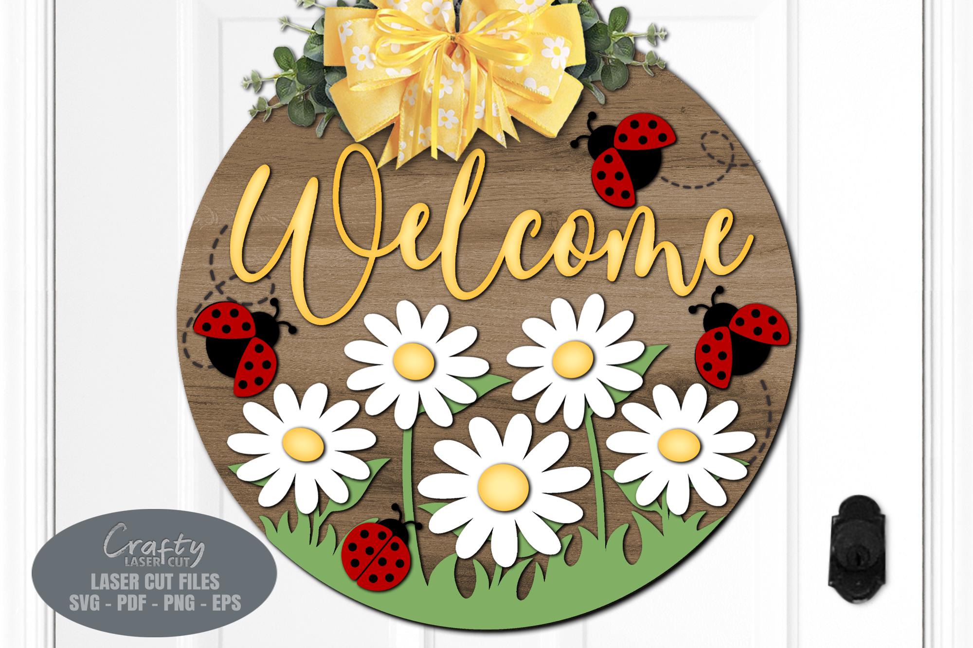 Floral Summer Door Hanger SVG Laser Cut Files: Daisy Ladybug Welcome ...