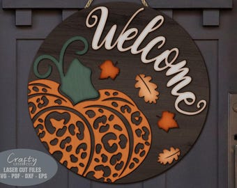 Fall Welcome Sign SVG Laser Cut Files: Leopard Print Pumpkin Door Hanger SVG