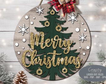 Archivos SVG cortados con láser para colgar puertas de Feliz Navidad, letrero de bienvenida SVG, Glowforge