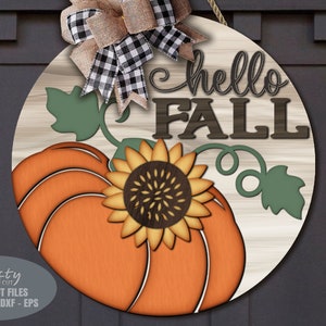Accroche-porte citrouille SVG - Bonjour automne SVG - fichiers découpés au laser - tournesol SVG - Svg de panneau de bienvenue - décoration automne - panneau de porte automne - fichier Glowforge