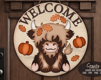 Highland Cow Door Hanger SVG Laser Cut Files: Hello Fall, Pumpkin Welcome Sign SVG, Glowforge