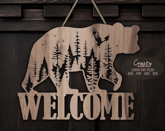 Bear Door Hanger SVG Laser Cut Files, Forest Welcome Sign SVG, Cabin Door Sign, Glowforge Files