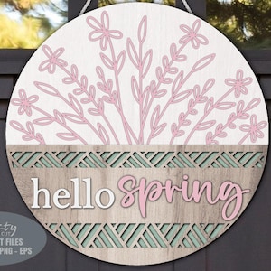 Accrocheur de porte printemps bonjour SVG - fichiers découpés au laser - Floral SVG - Marguerite SVG - panier Svg - panneau de bienvenue floral - fichiers Glowforge