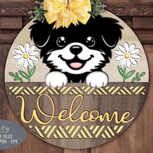 Suporte de porta para cachorro SVG - Margarida SVG - Placa de boas-vindas floral SVG - Arquivos cortados a laser - Cachorro SVG - Cesta SVG - Filhote SVG - Placa de porta para cachorro - Glowforge