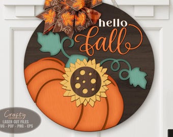 Sunflower Pumpkin Door Hanger SVG Laser Cut Files: Hello Fall Welcome Sign Svg, Glowforge