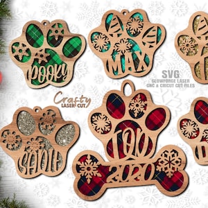 Hond Paw Ornament SVG - Laser Cut Files - Kerst SVG - Boomornamenten - Hond Svg - Paw SVG - Sneeuwvlok Svg - Huisdier Ornament - Glowforge Bestanden