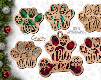 Ornamento zampa di cane SVG - File tagliati al laser - Natale SVG - Ornamenti per l'albero - Cane Svg - Zampa SVG - Fiocco di neve Svg - Ornamento per animali domestici - File Glowforge