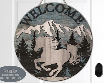 Horse Door Hanger SVG Laser Cut Files: Mountain Forest Welcome Sign SVG, Glowforge