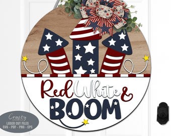 4th Of July Fireworks Door Hanger SVG - Fireworks Welcome Sign SVG - Laser Cut Files - Patriotic Door Sign  - Summer Porch Sign - Glowforge