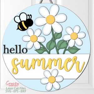 Bee Door Hanger SVG - Hello Summer SVG - Daisy SVG - Laser Cut Files - Bee Svg - Welcome Sign Svg - Floral Door Sign - Glowforge Files