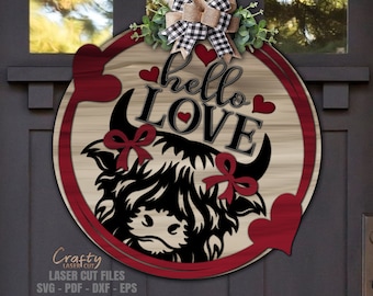 Valentine Door Hanger SVG - Highland Cow SVG - Laser Cut Files - Valentine Door Sign - Valentines Day Welcome Sign Svg - Glowforge Files