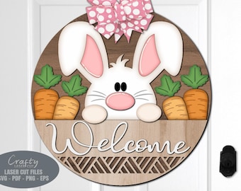 Colgador de puerta de Pascua SVG - Conejito de Pascua SVG - Archivos cortados con láser - Letrero de bienvenida SVG - Carrot Patch - Letrero de puerta de Pascua - Archivos Glowforge