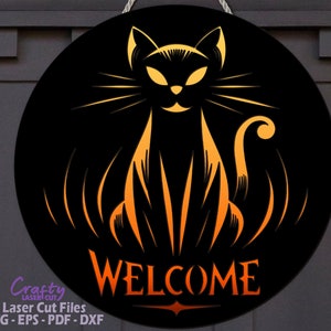 黒猫ドアハンガー SVG - ウェルカム サイン SVG - レーザーカット ファイル - ハロウィーン SVG - 黒猫ドアサイン - ハロウィーンの装飾 - Glowforge ファイル