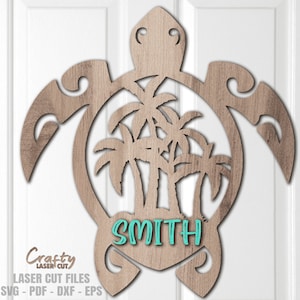 Schildkröte Türschild - Laser Cut Dateien - Strand SVG - Schildkröte SVG - Palme SVG - Monogramm Willkommensschild - Strand Türschild - Glowforge-Datei